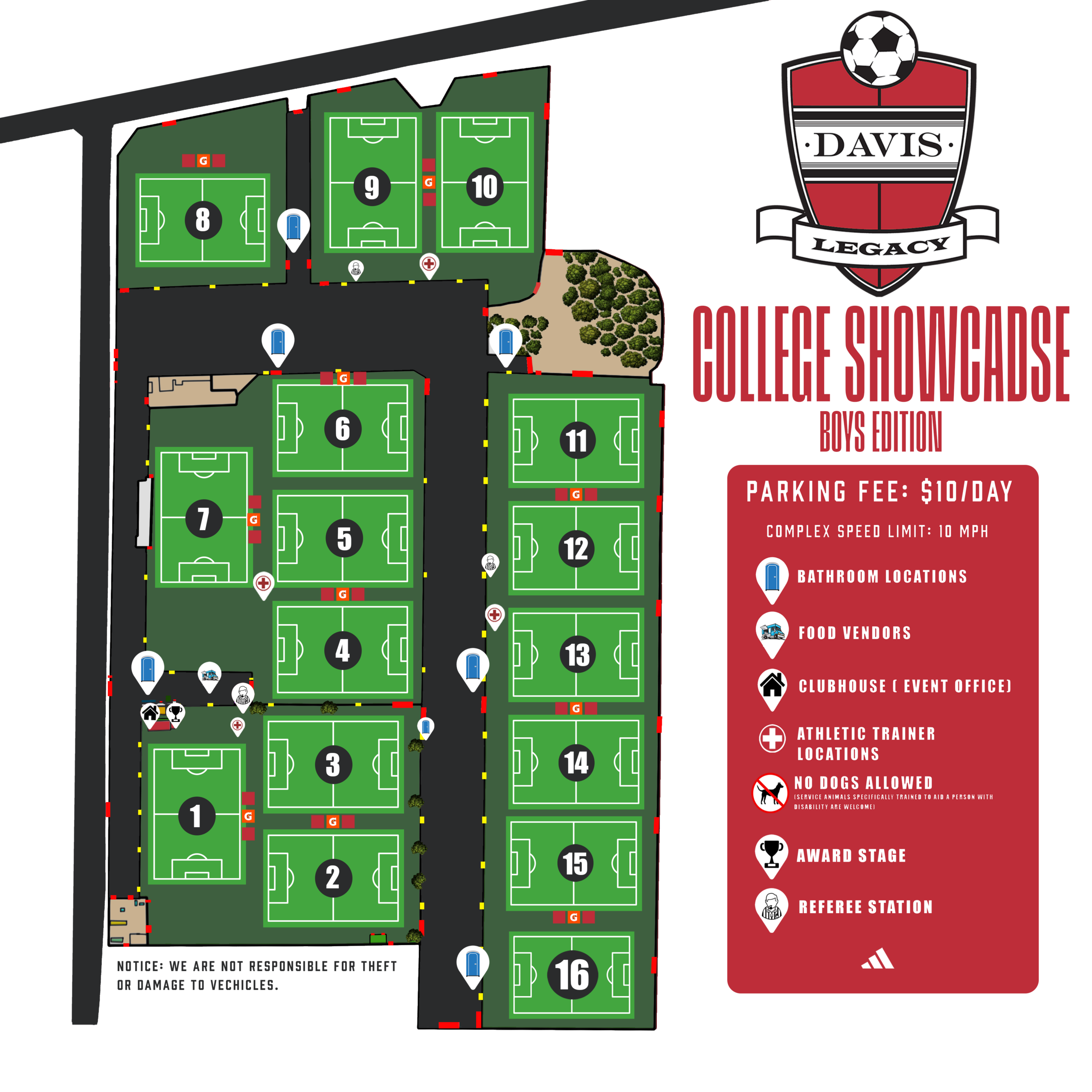 College Showcase Boys field map, Tsakopoulos Family Soccer Complex