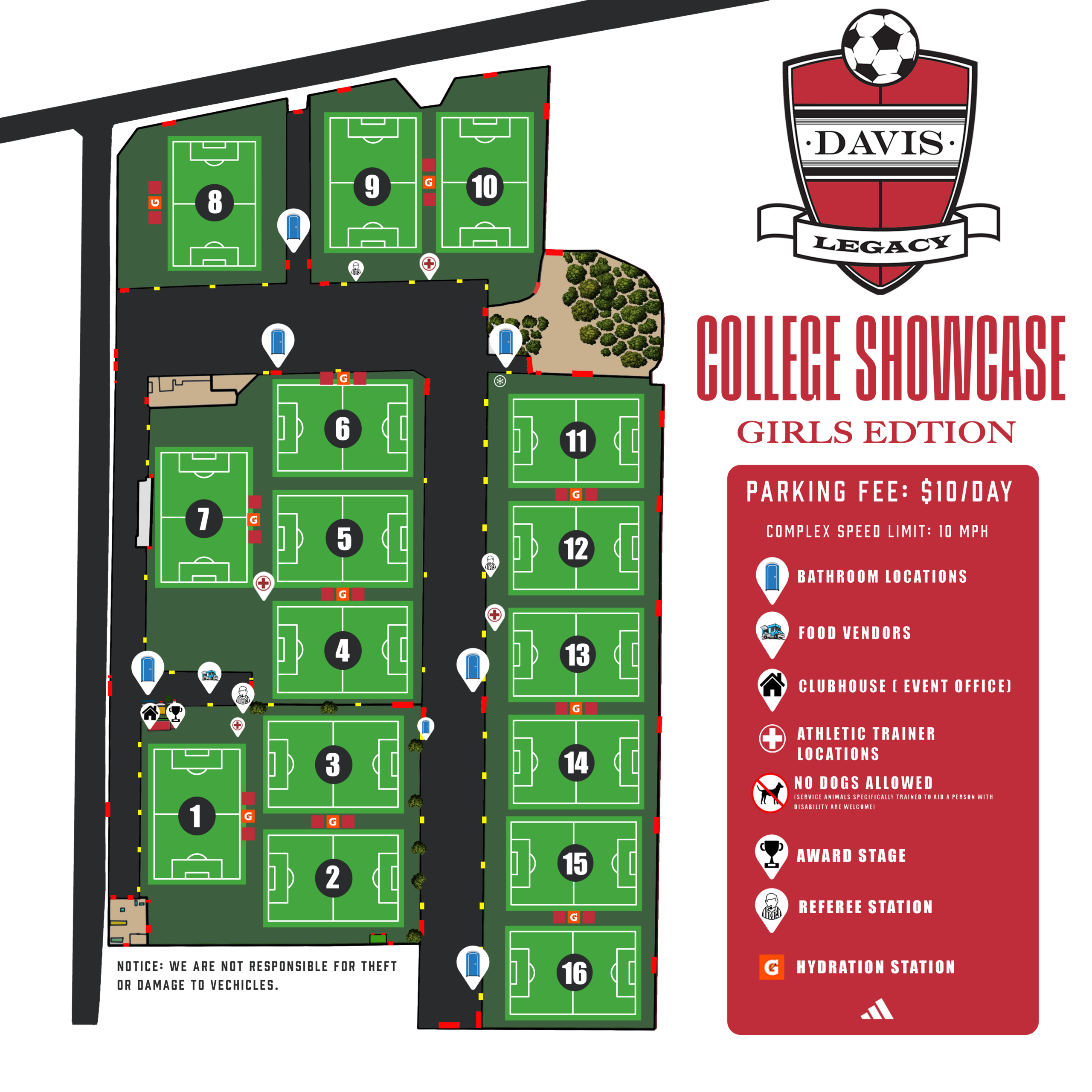 College Showcase Girls field map, Tsakopoulos Family Soccer Complex